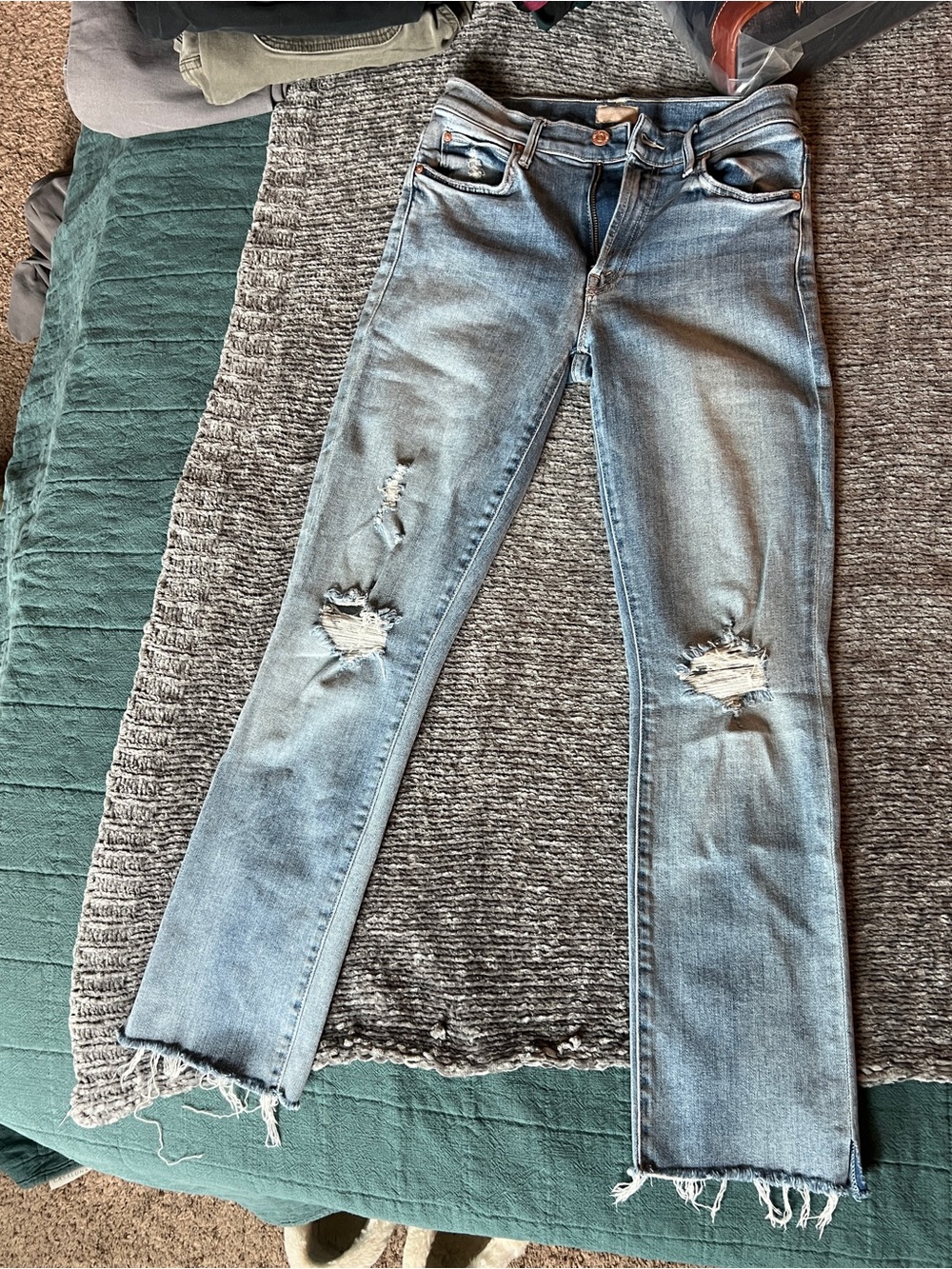 MOTHER Light Blue Distressed Straight Leg Jeans